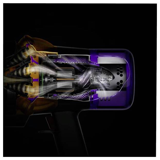 Schnittstellendiagramm eines violetten tragbaren Haartrockners auf schwarzem Hintergrund, der den internen Motor, die Luftströmung, die Heizwiderstand und die Düse zeigt.