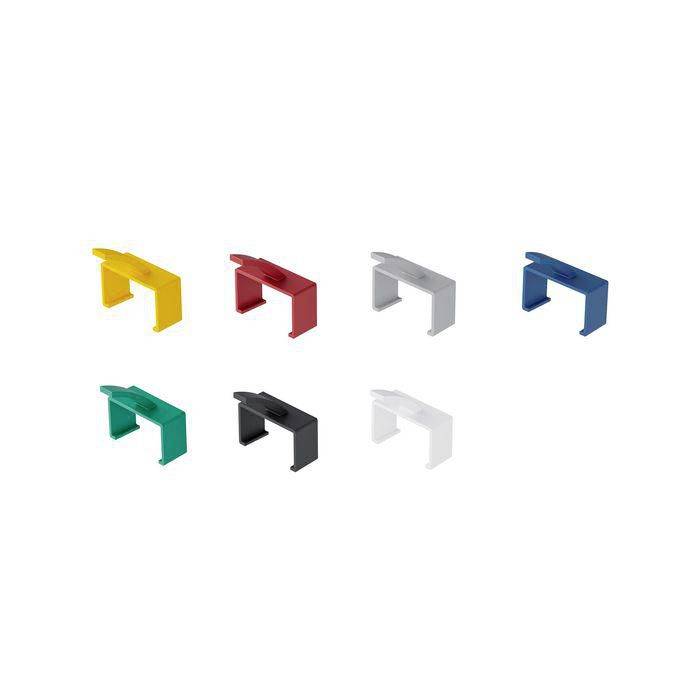 Sieben farbige kunststoffähnliche Klammern, die auf weißem Hintergrund angezeigt werden: gelb, rot, grau, blau, grün, schwarz und weiß.