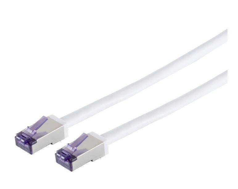 Zwei weiße Ethernet-Kabel mit transparenten violetten RJ45-Steckern auf einfachem Hintergrund.