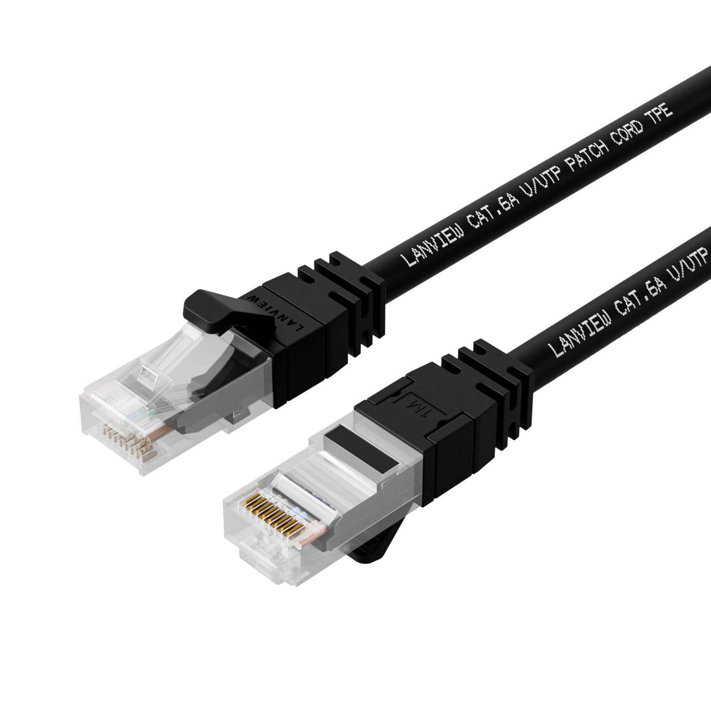 Zwei schwarze Ethernet-Patchkabel mit transparenten RJ45-Steckern, gekennzeichnet mit CAT.6A U/UTP PATCH CORD TPE, auf weißem Hintergrund gezeigt.