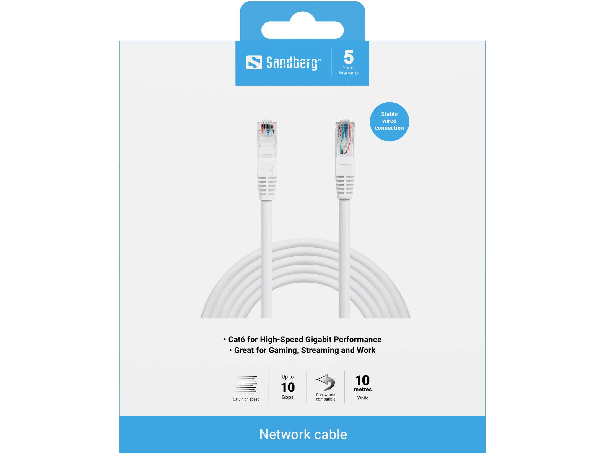Sandberg Cat6 Netzwerkkabelpaket mit zwei weißen Ethernet-Steckern, gekennzeichnet mit „10 Gbps", „10 Meter" und „vergoldete Verbindung" für Gaming, Streaming und Arbeit.