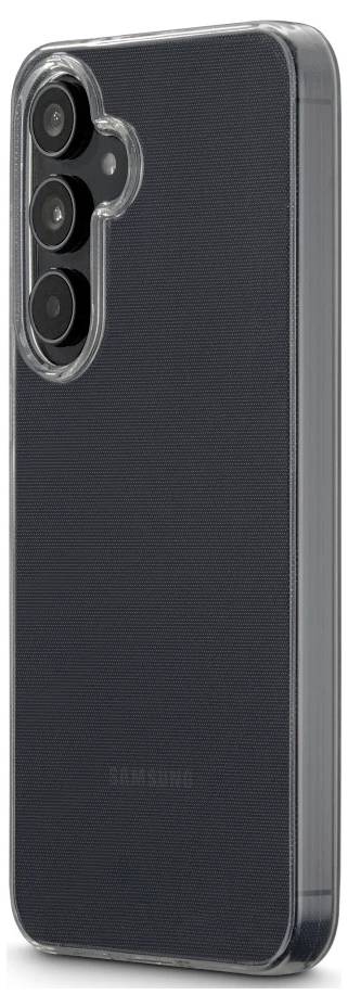 Schwarzes Samsung-Telefon in einer transparenten Schutzhülle, von hinten gezeigt mit einer dreifachen Kameraaussparung auf der Rückseite.
