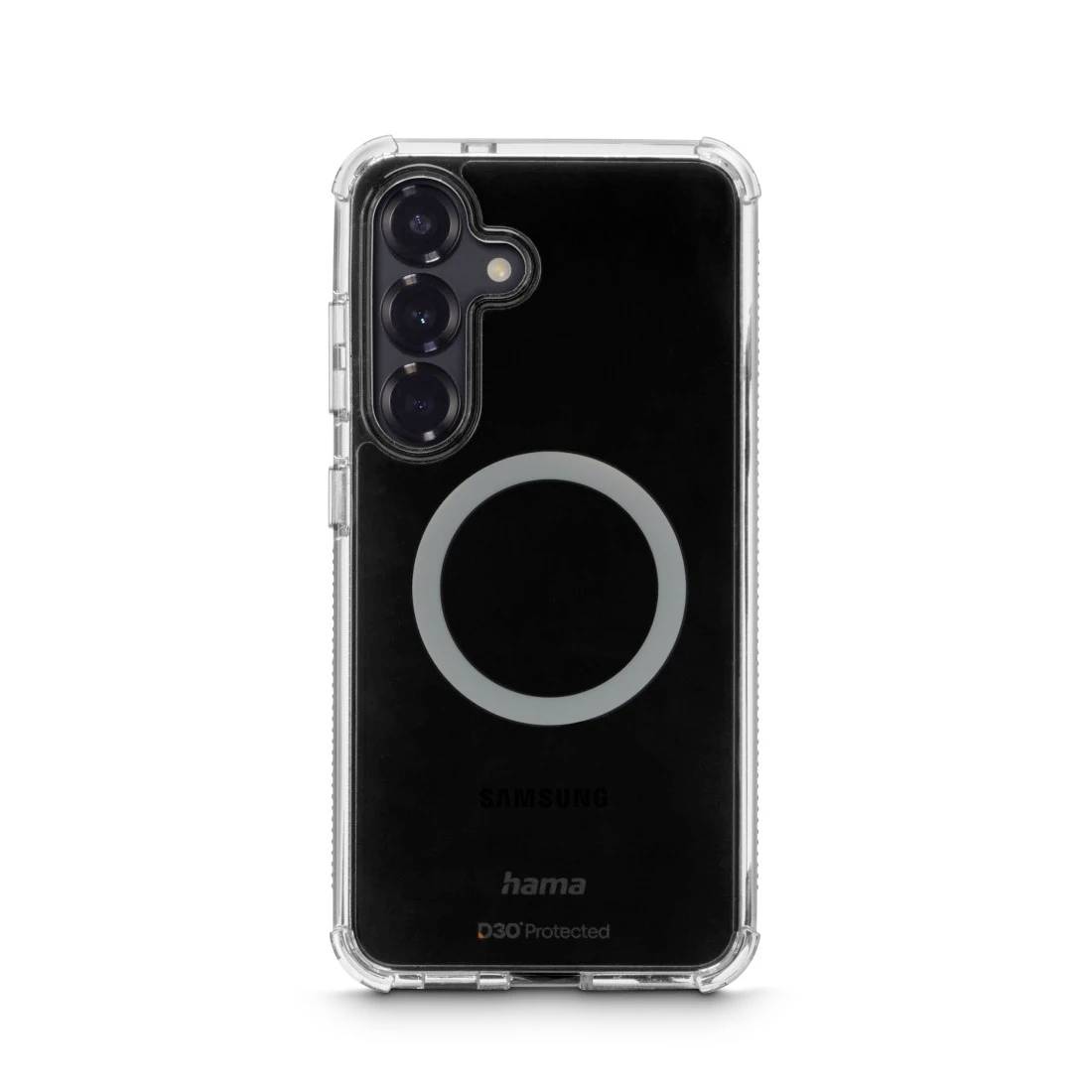 Schwarzes Samsung-Smartphone in einer durchsichtigen Schutzhülle mit einem kreisförmigen MagSafe-ähnlichen Ring auf der Rückseite.