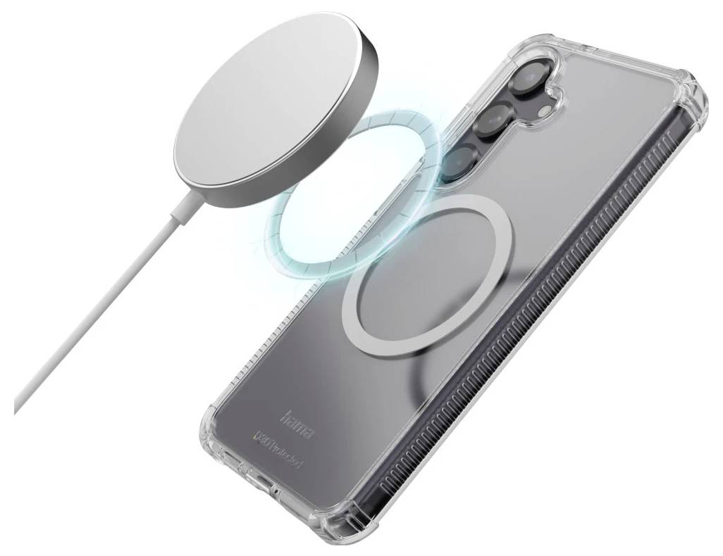 Drahtlose Ladeillustration, die eine Handyhülle mit einem MagSafe-ähnlichen Laderingaufzeigt, der auf eine Ladeschale ausgerichtet ist