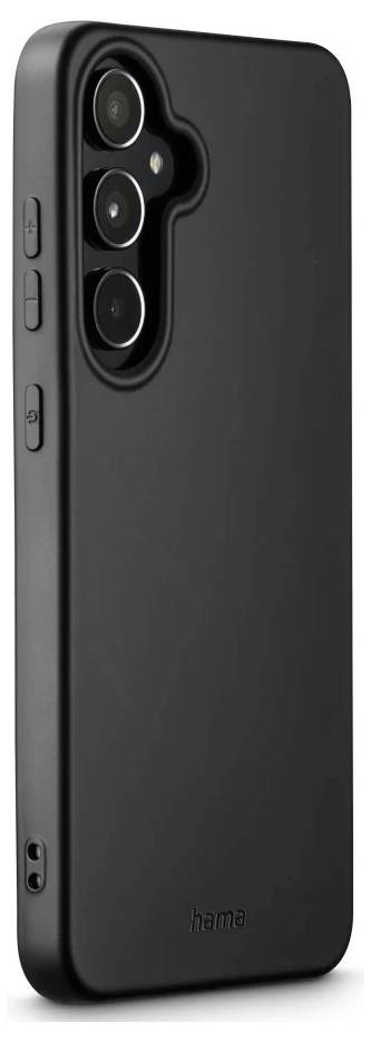 Schwarze Smartphone-Hülle mit dreifacher Ausschnitt für die rückseitige Kamera und Seitentastenschutz; 'realme'-Logo unten.