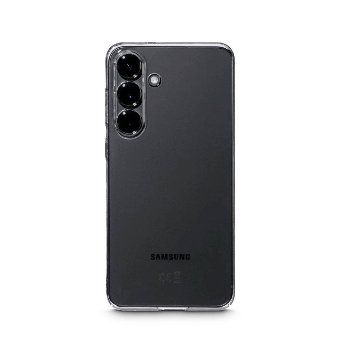 Schwarzes Samsung-Smartphone von hinten gezeigt, mit drei rückwärtigen Kameras und einem LED-Blitz auf weißem Hintergrund.