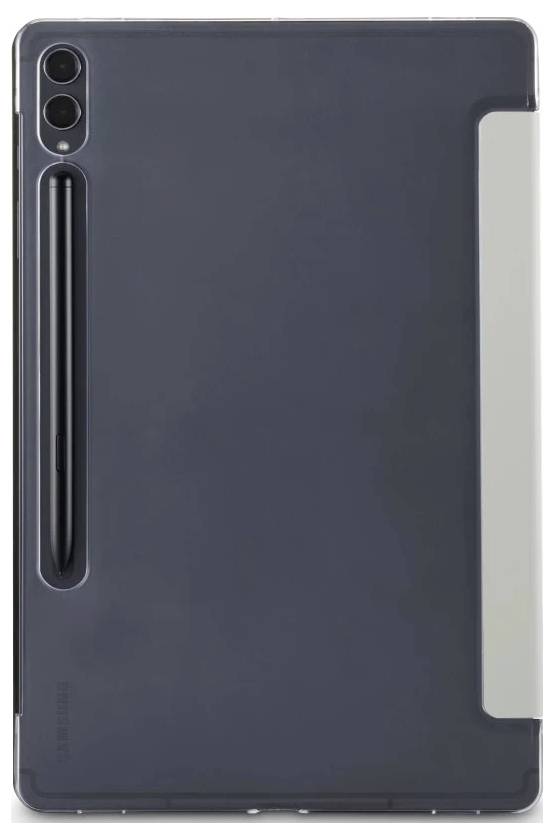 Dunkelgraue Tablet-Schutzhülle mit zwei Kameraausschnitten und integriertem Stifthalter, von hinten gezeigt.