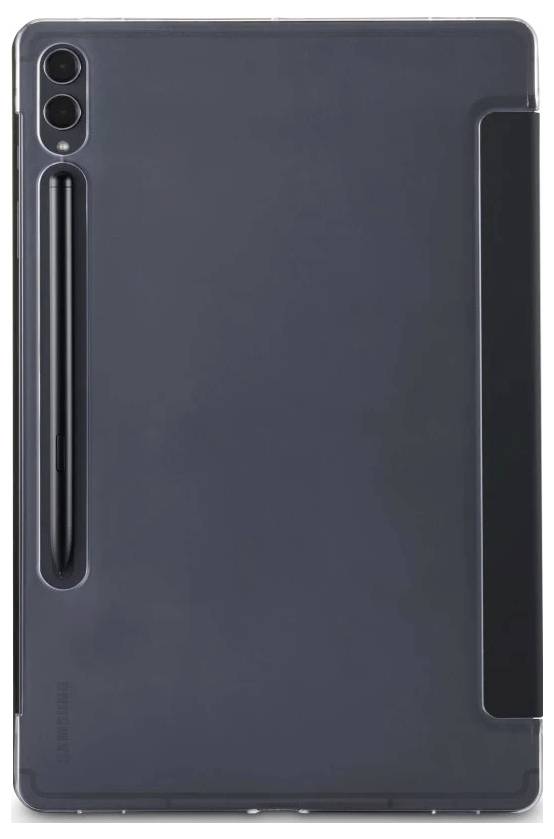 Rückansicht eines dunklen Tablets in einem Folio-Etui mit Aussparung für die rückseitige Kamera und Stifthalter.