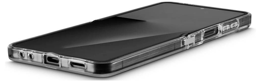 Schwarzes Smartphone in einer durchsichtigen Schutzhülle, schräg auf weißem Hintergrund dargestellt.