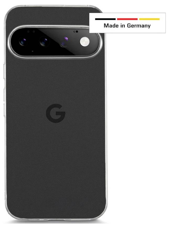 Rückseite eines schwarzen Google Pixel-Telefons mit der Kamerazeile und dem „G"-Logo, mit einer „Made in Germany"-Bezeichnung oben rechts.