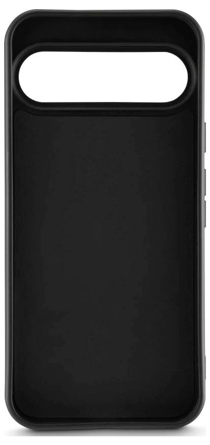 Schwarze Smartphone-Hülle mit großem horizontalem ovalem Kameraausschnitt oben und glatter matter Oberfläche.