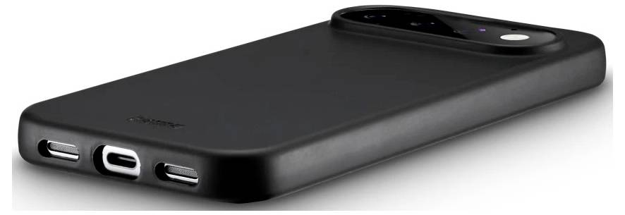 Schwarze Smartphone-Schutzhülle in Perspektive dargestellt, mit Kameraausschnitt und Ladeanschlussöffnungen an einem Ende.