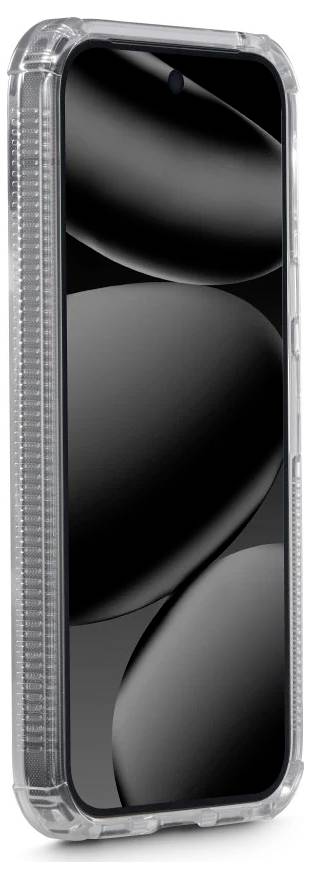 Transparente Schutzhülle für Smartphones mit schwarzem Smartphone innen, in einer hohen vertikalen Produktansicht dargestellt.