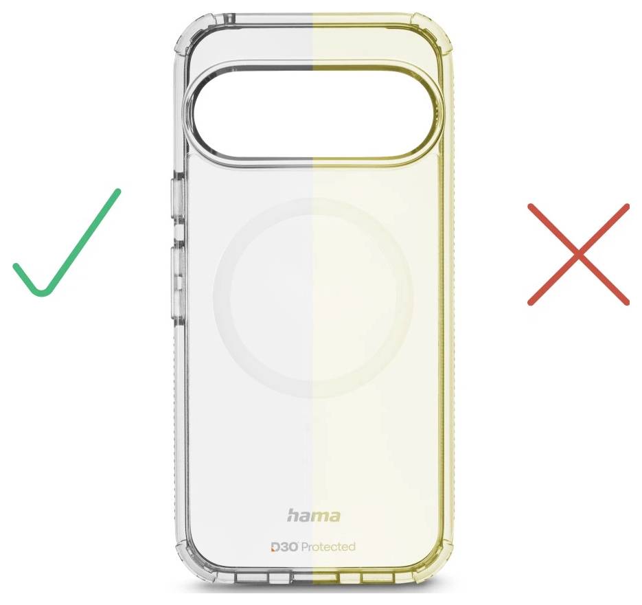 Transparente Smartphone-Hülle von vorne und hinten dargestellt, mit grünem Häkchen auf der linken Seite und rotem X auf der rechten Seite, die korrekte und unkorrekte Passform oder Ausrichtung anzeigen.