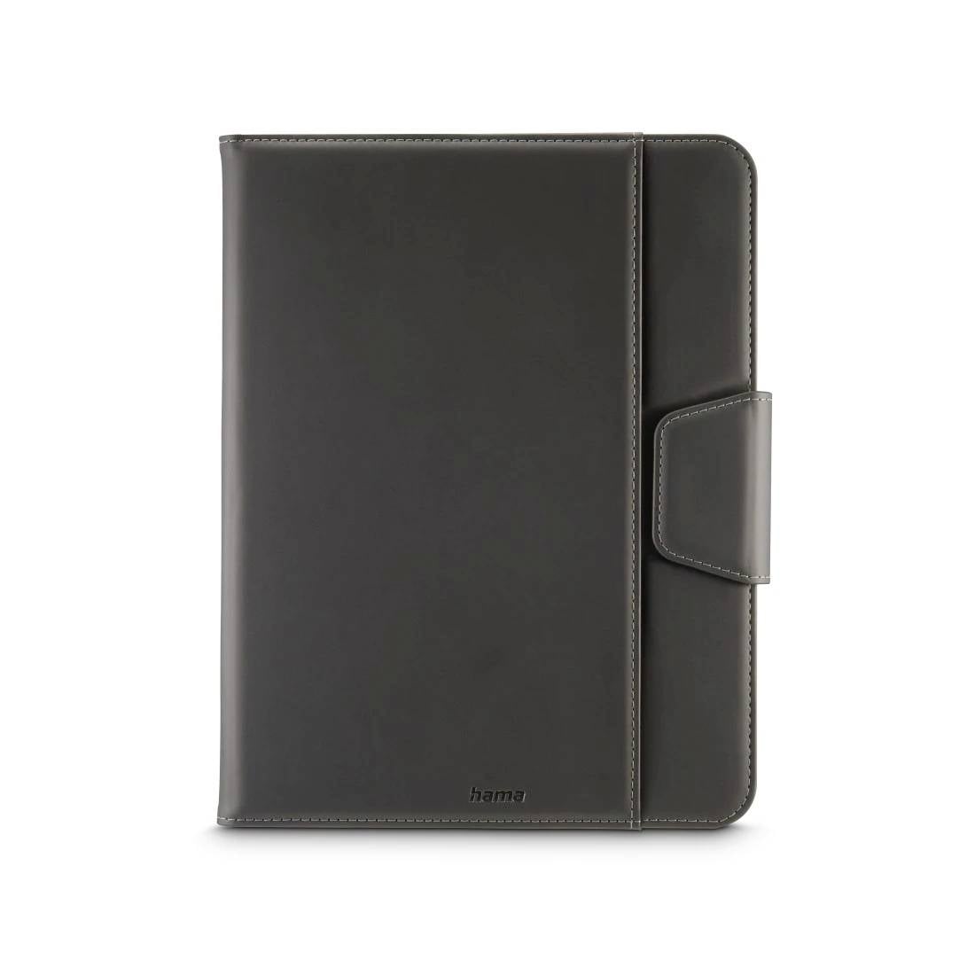 Schwarzer Leder-Organizer oder Tablet-Folio mit Vorderdeckel, gesäumten Kanten und seitlichem Riemenverschluss auf weißem Hintergrund.