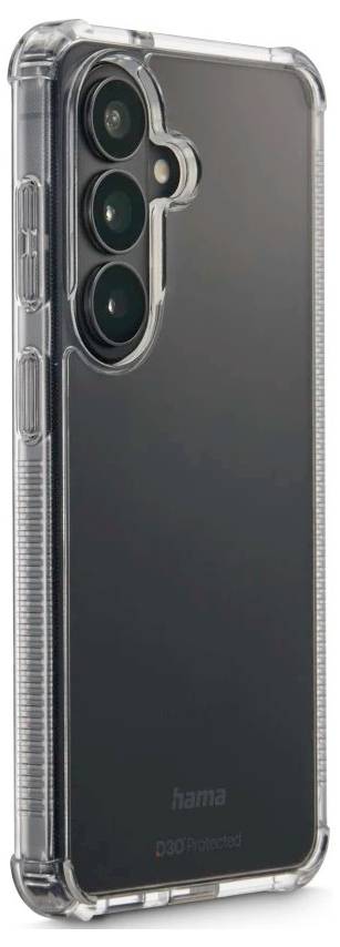 Transparente Schutzhülle für Smartphones mit verstärkten Ecken, gezeigt auf der Rückseite eines Smartphones.