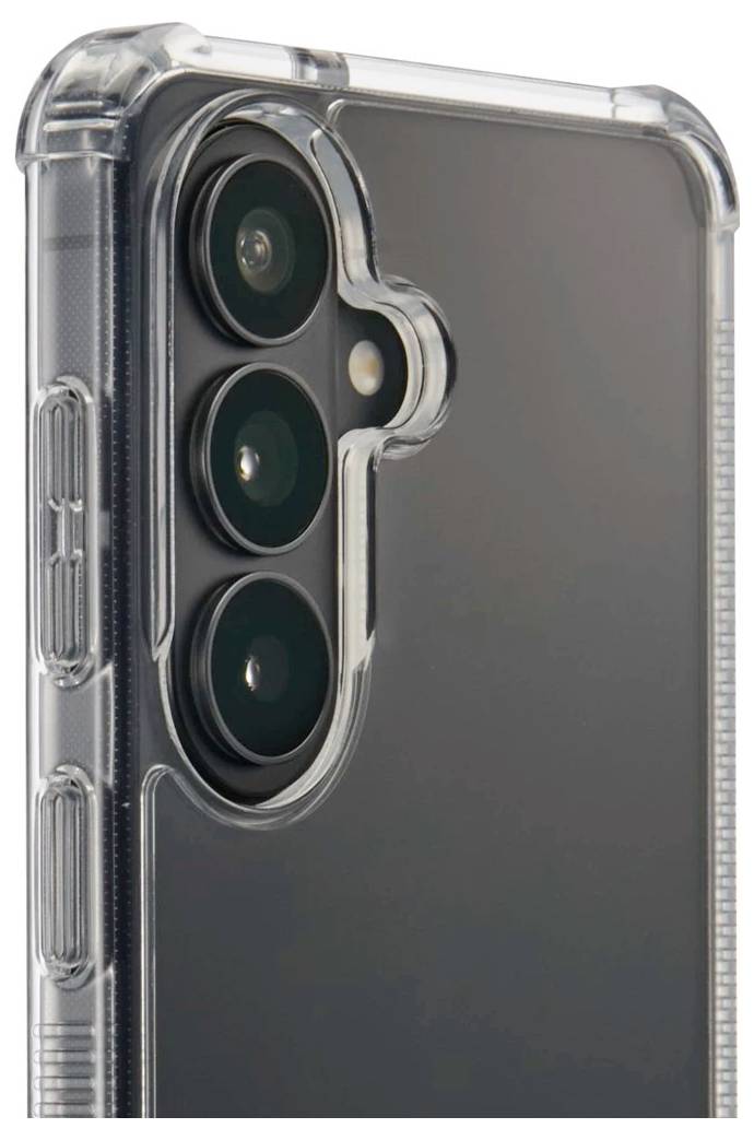 Nahaufnahme eines Smartphones in einer durchsichtigen Schutzhülle, die den hinteren Triple-Kamera-Ausschnitt auf einem dunklen Telefon zeigt.