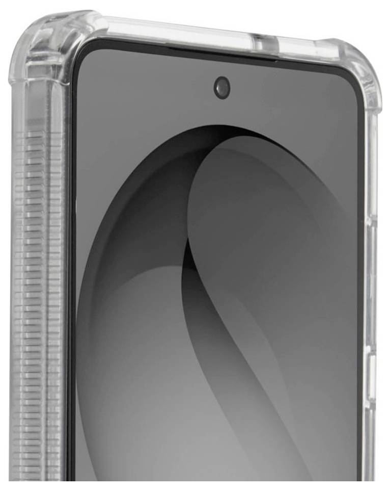 Nahaufnahme eines Smartphones in einer transparenten Schutzhülle, die die obere Vorderseite mit zentriertem Kameraausschnitt und Bildschirm zeigt.