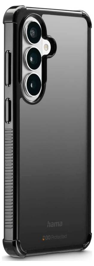 Schwarze Schutz-Smartphone-Hülle von hinten gezeigt, mit erhöhtem dreifachem Kamera-Ausschnitt und seitlichen Tastenabdeckungen.