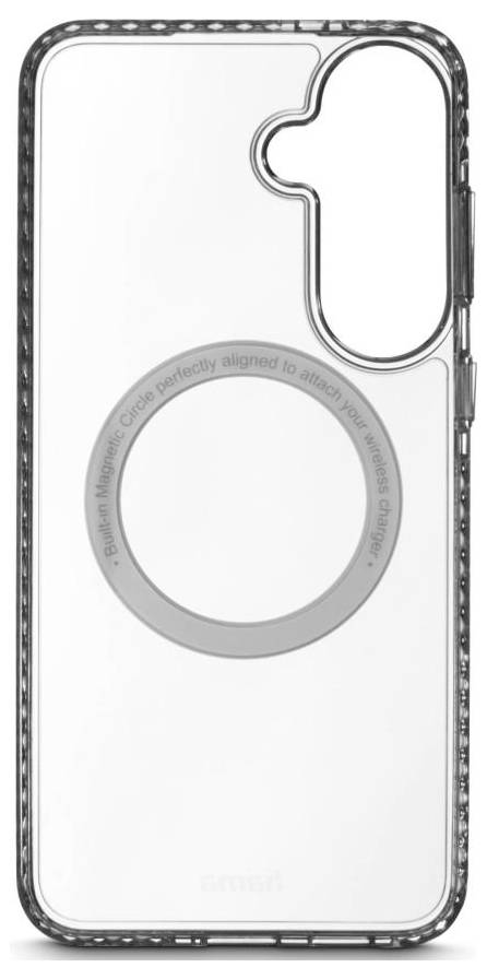 Transparente Handyhülle mit integriertem kreisförmigem MagSafe-ähnlichem Ring und erhöhtem Dual-Kamera-Ausschnitt, von vorne gezeigt.