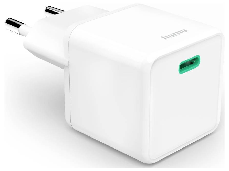 Weißes Hama USB-Wandladegerät mit zwei runden europäischen Steckerdosentypen und einem grünen USB-C-Anschluss an der Vorderseite