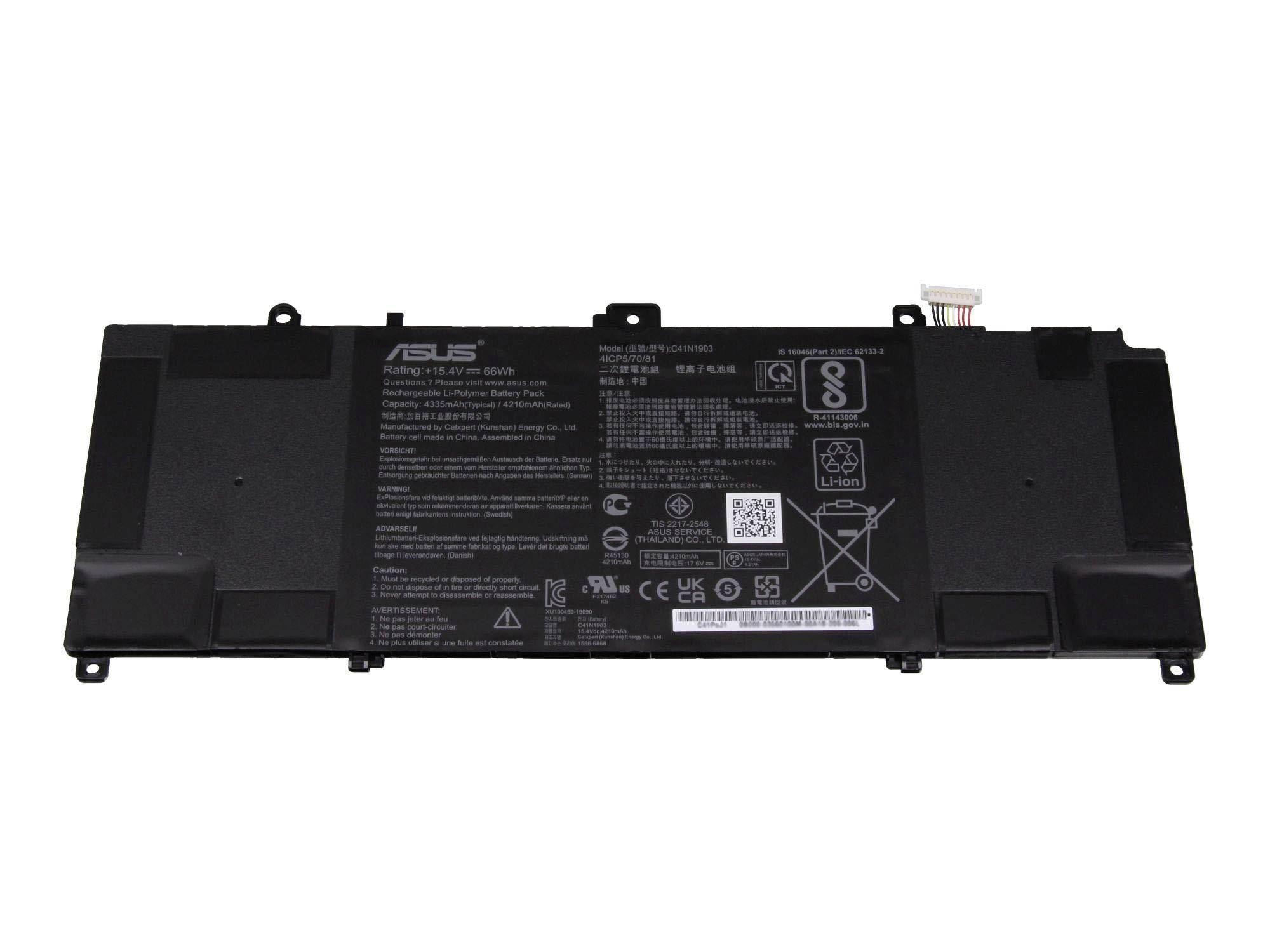 Schwarzes ASUS-Laptop-Akkupaket auf weißem Hintergrund, mit sichtbarem Anschluss und gedrucktem Etikett.