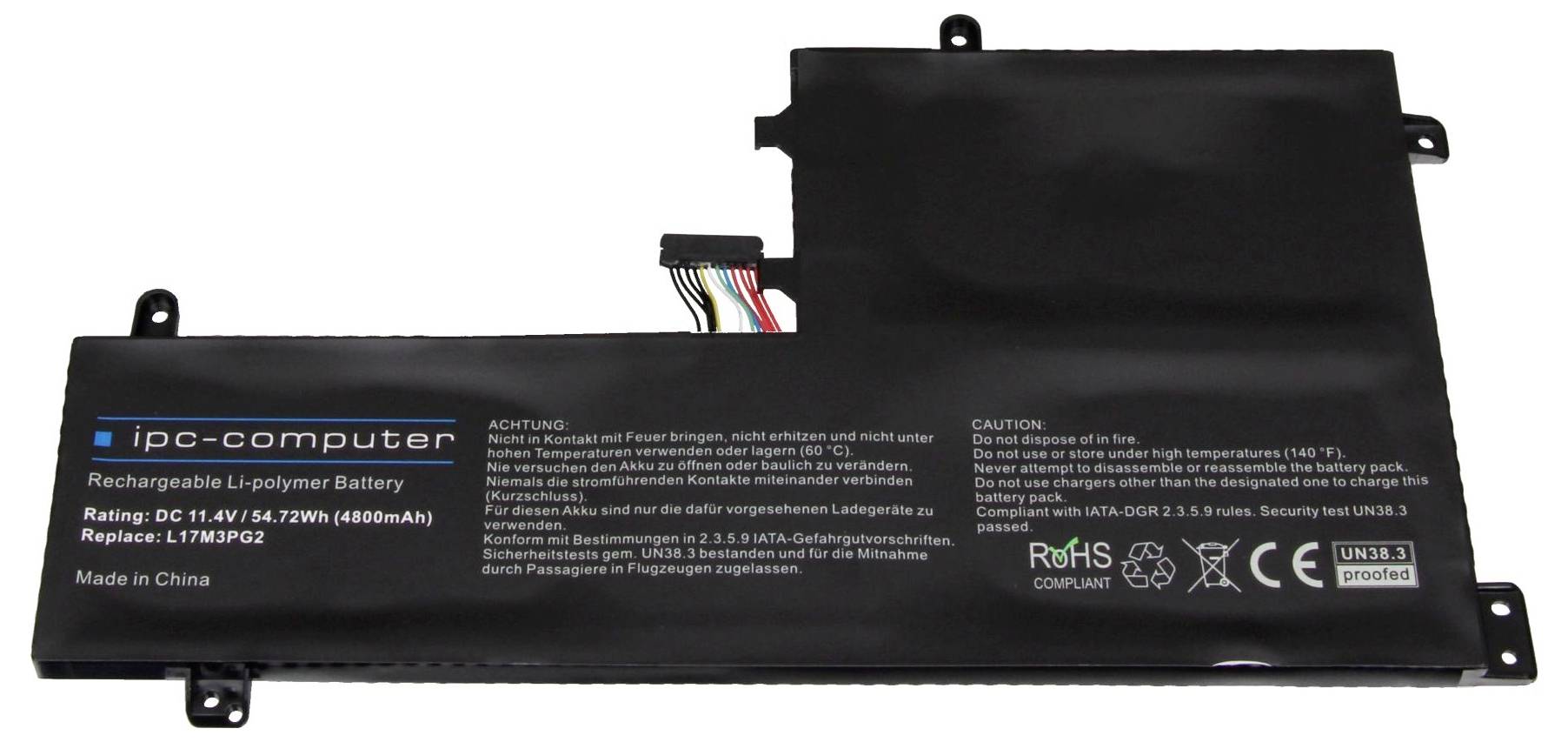 Zwei schwarze wiederaufladbare Li-Polymer-Akkupacks mit der Beschriftung „ipc-computer", nebeneinander auf weißem Hintergrund dargestellt.