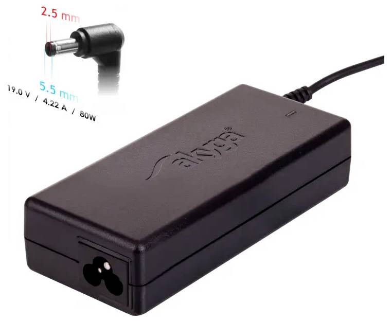 Laptop-Netzteil mit Hohlstecker; Ausschnitt zeigt 2,5 mm Spitze und 19,0 V, 4,22 A, 80 W Spezifikationen.