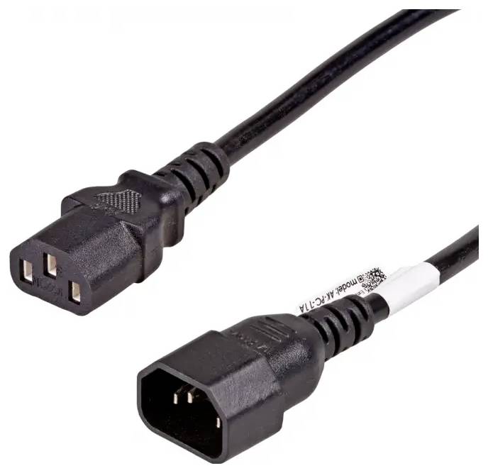 Schwarzes Stromkabel mit IEC-Steckverbindern, zeigt eine weibliche Buchse und einen männlichen Stecker auf weißem Hintergrund.