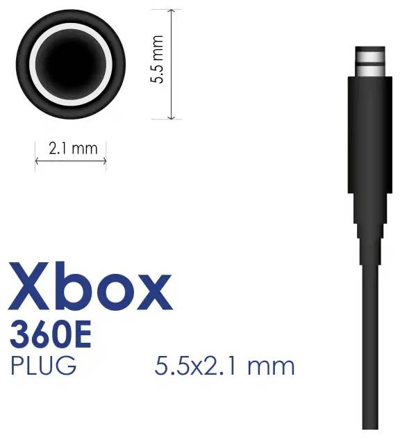 Diagramm eines Xbox 360E-Stromsteckers mit einem 5,5 x 2,1 mm Anschluss mit beschrifteten Maßen und einer Seitenansicht des Steckers.
