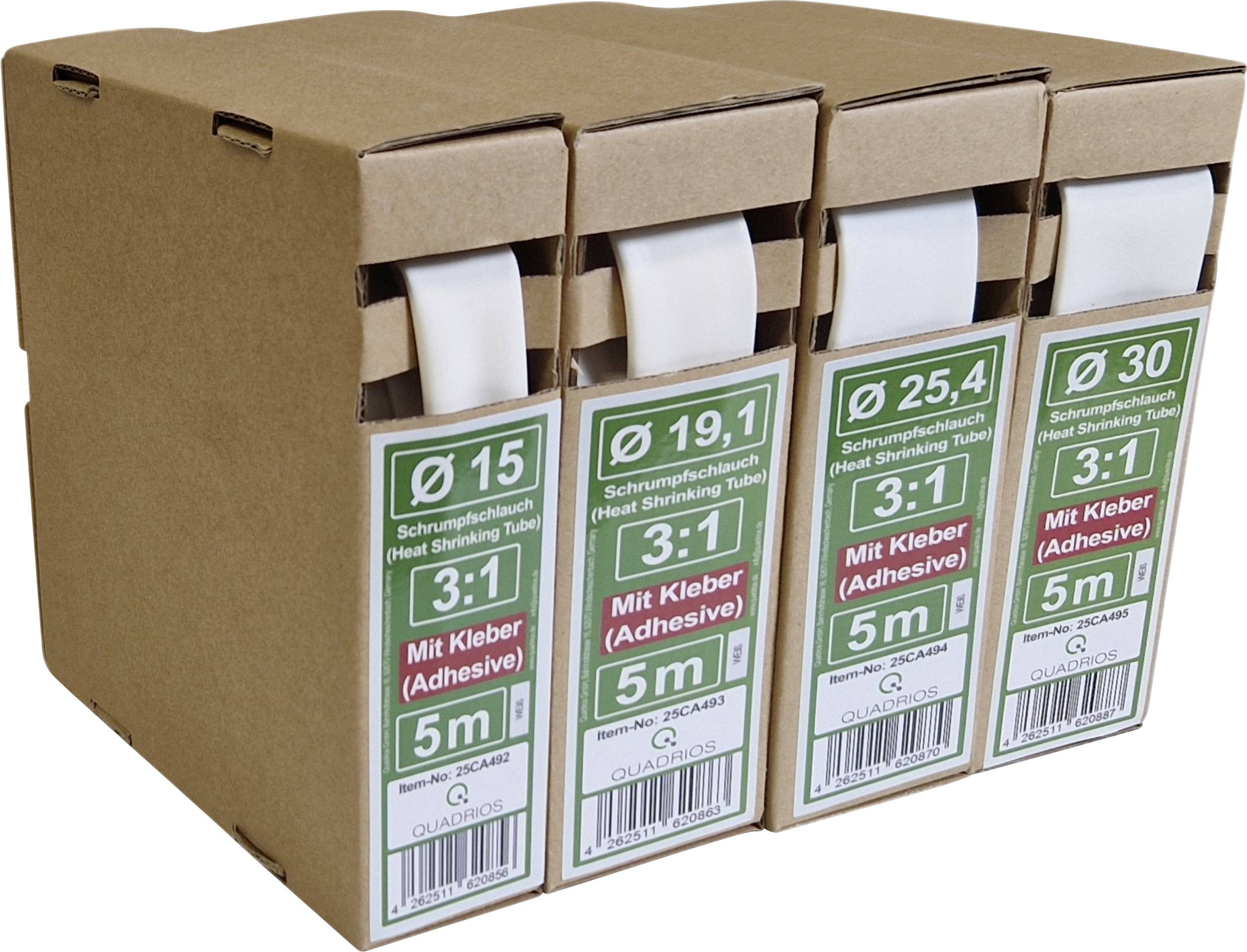 Pappschachteln-Displaybox mit vier Schrumpfschlauch-Rollen mit grünen Etiketten in den Größen Ø 15, Ø 19,1, Ø 25,4 und Ø 30, jeweils gekennzeichnet mit „Mit Kleber (Adhesive)" und „5 m".