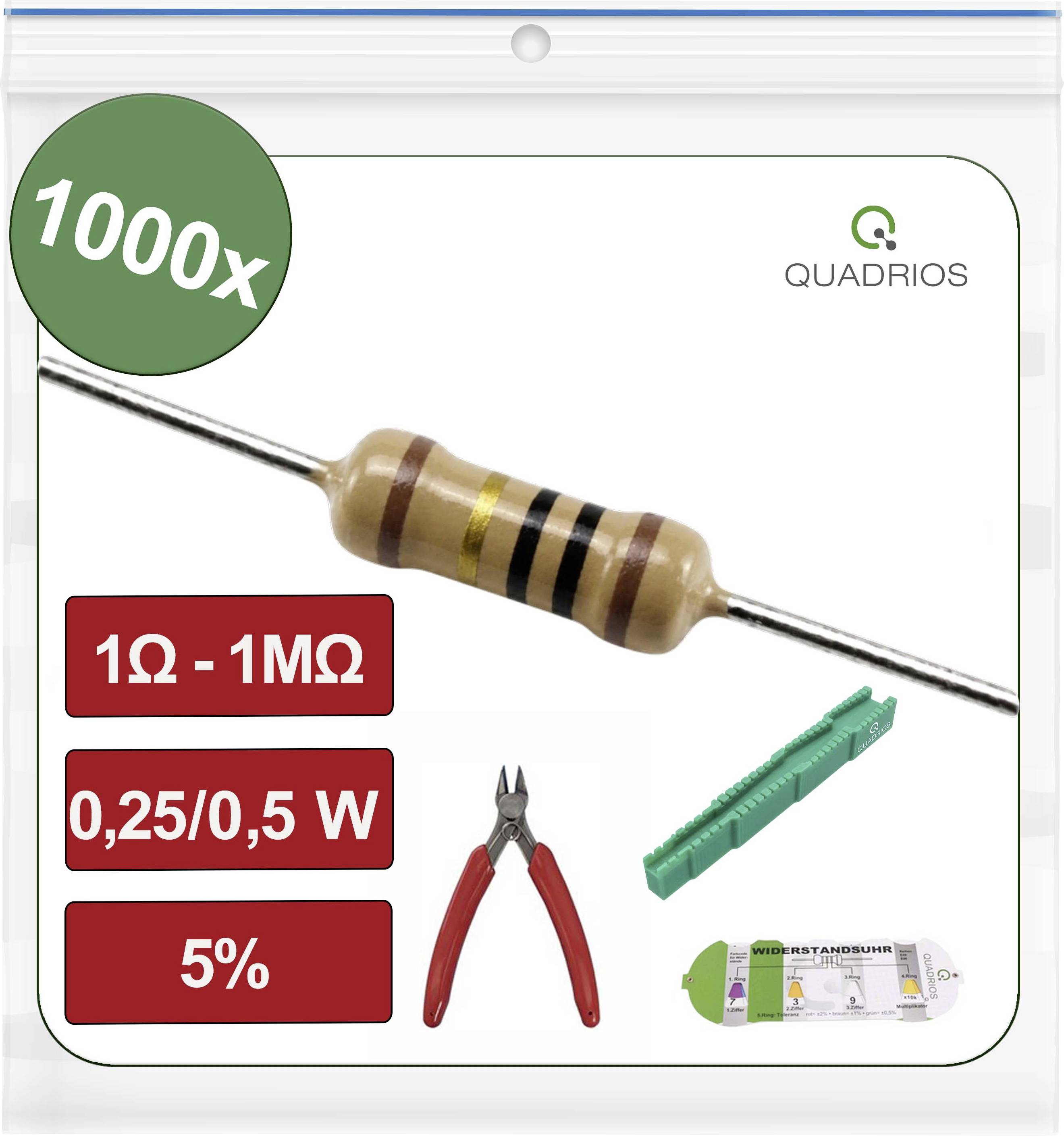 Produktbild eines Widerstands mit Beschriftungen „1000x", „1Ω - 1MΩ", „0,25/0,5 W" und „5%", plus kleine Werkzeugsymbole und das Quadrios-Logo.