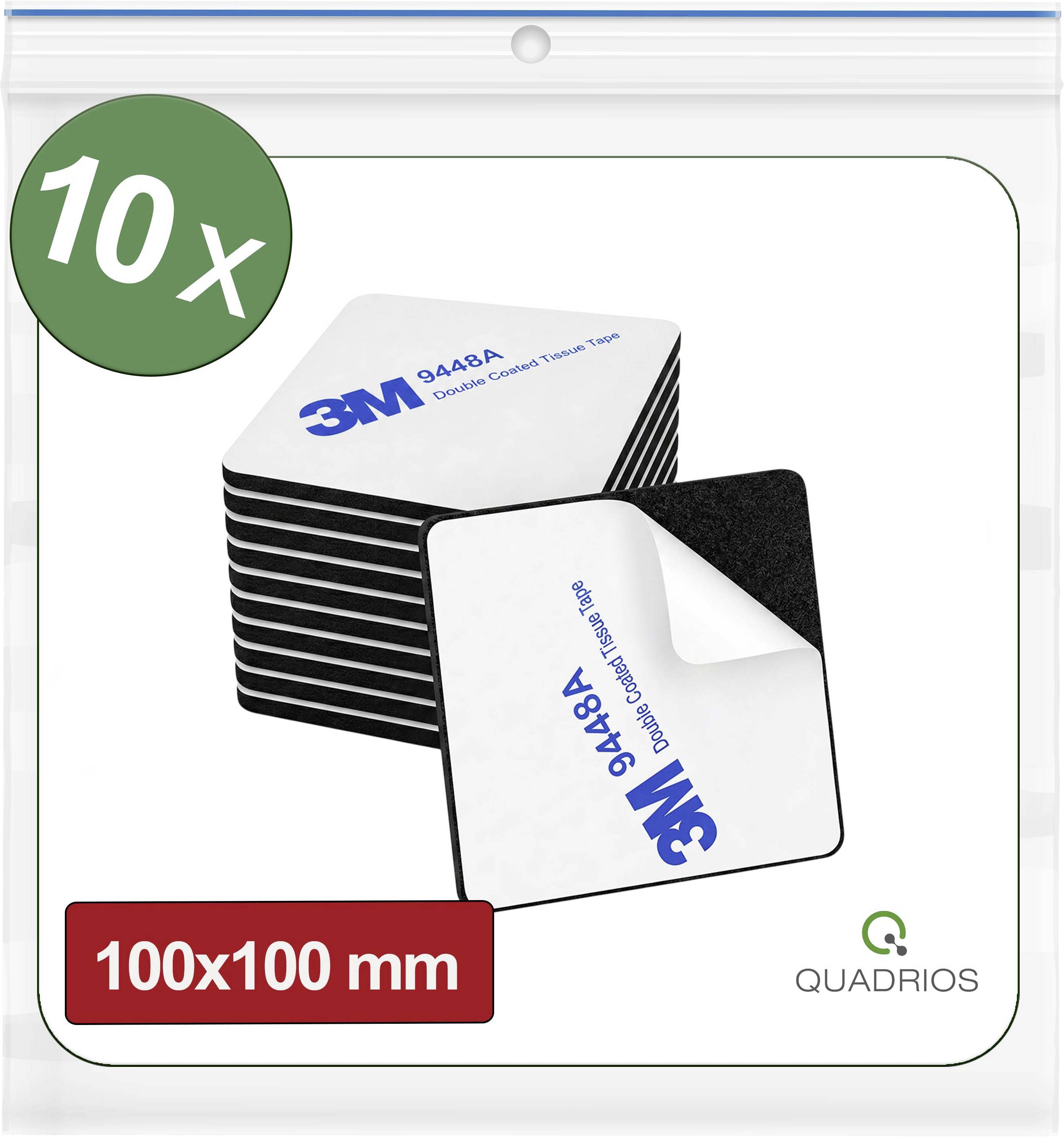 Paket mit 10 3M 9448A doppelseitigen Gewebeklebeband-Blättern, 100 x 100 mm, gezeigt mit einem abgelöstem Blatt und dem Quadrios-Logo.