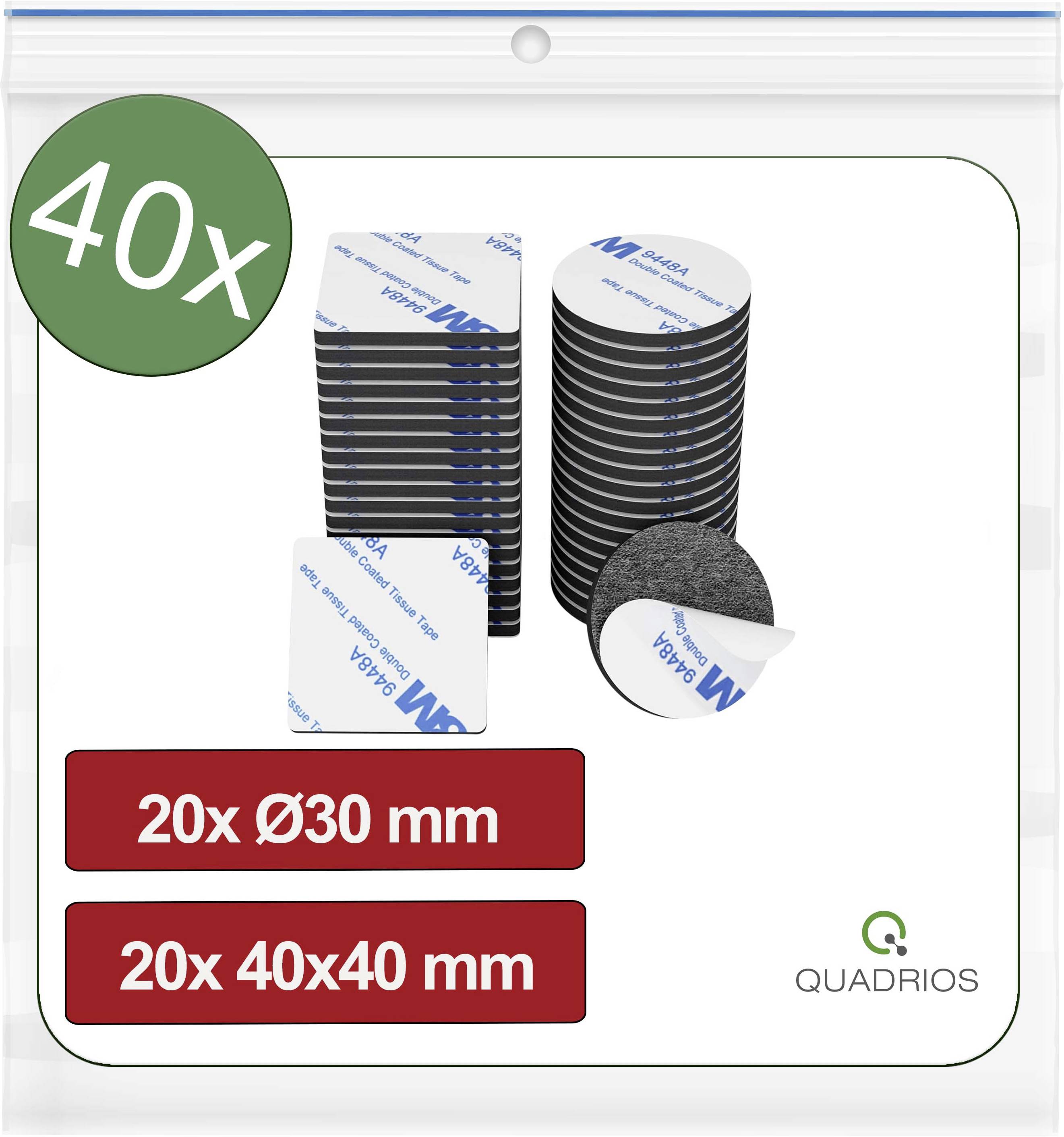 Verpackungsbild zeigt 40x Klebepads, davon 20x Ø30 mm und 20x 40x40 mm, Marke Quadrios.