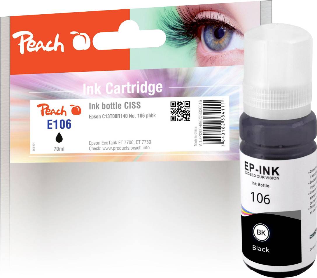 Peach E106 schwarze Tintenflasche für Epson-Drucker, 70 ml, mit Etikett und sichtbarer Produktverpackung.