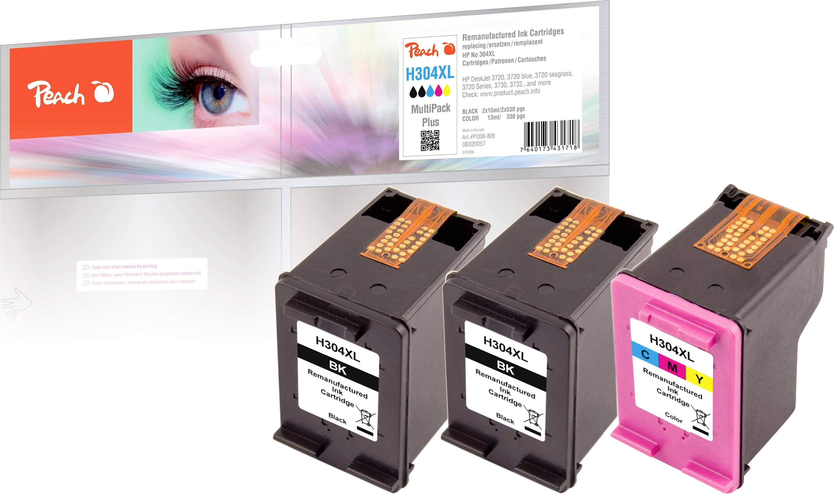 Drei Druckerpatronen Peach H304XL: zwei schwarze und eine Farbpatrone, gezeigt mit Verpackung und Etikett.