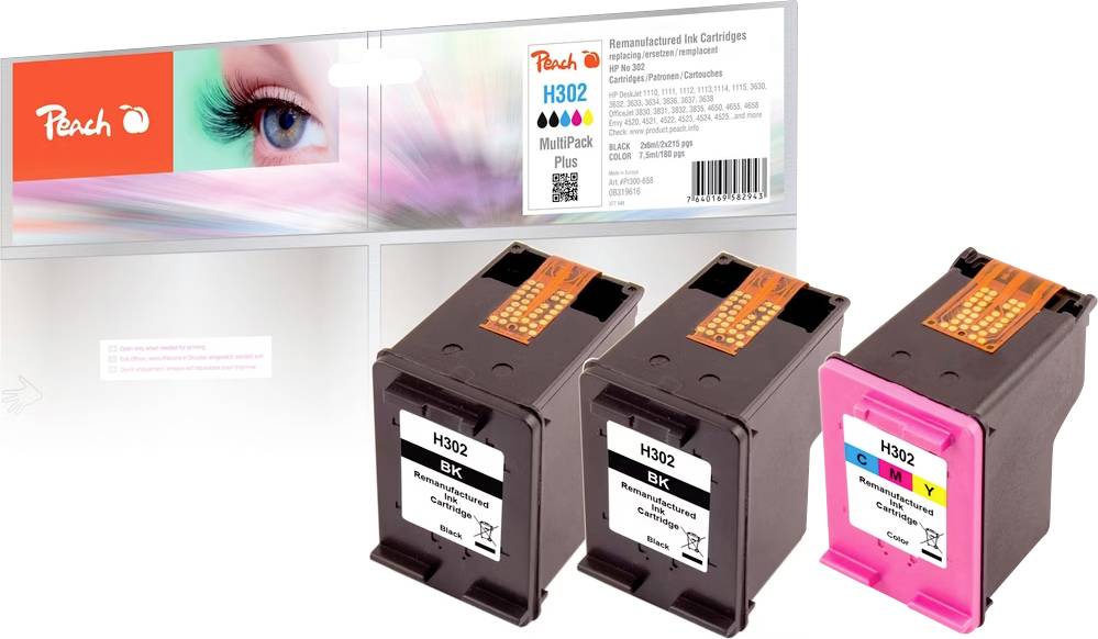 Werbung für Peach H302 Druckerpatronen: drei Tintenpatronen in Schwarz und Farbpatronen vor Produktverpackung mit Druckergebnis und Barcode.
