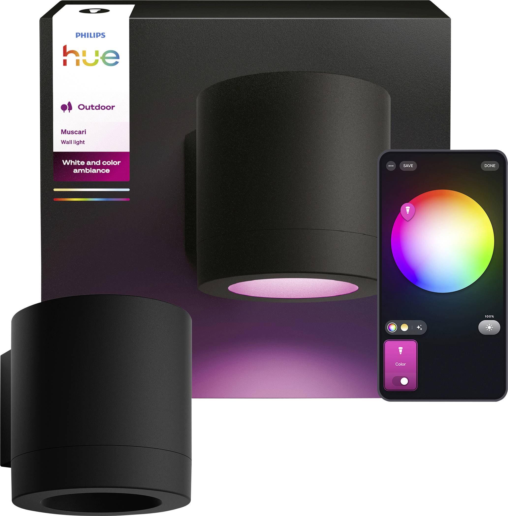 Philips Hue Outdoor Muscari Wandleuchte mit zwei schwarzen zylindrischen Leuchten und einem Smartphone, das die Farb-Steuerungs-App und das Farbrad anzeigt.