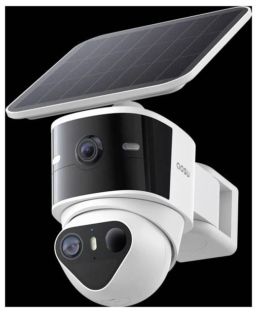 Solarbetriebene Sicherheitskamera mit Doppeloptik und Solarpanel auf einer Wandhalterung montiert.