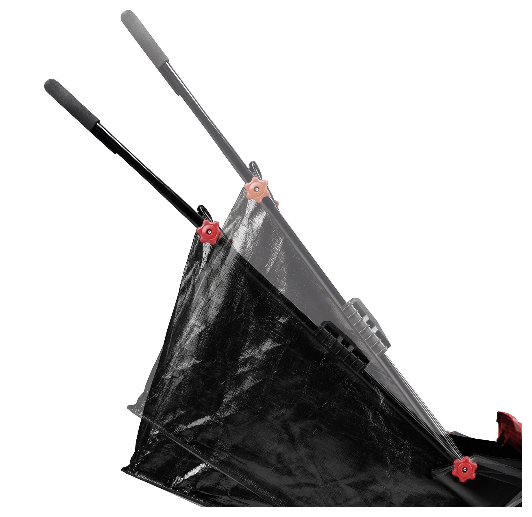 Schwarze Netzsäckchen-Sammeltasche, befestigt an einem Gartenwagen mit Rädern oder Laubsammler, mit zwei angewinkelten Tragegriffen.