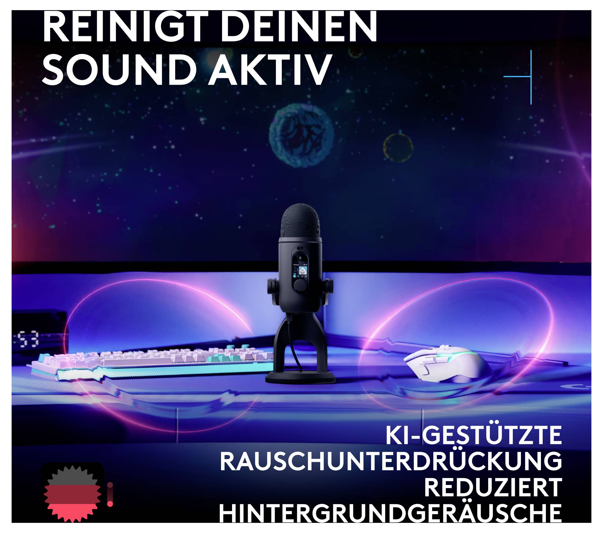 Promotionsgrafik mit einem Mikrofon auf einem Schreibtisch mit Tastatur und Maus; der Text besagt „Reinigt deinen Sound aktiv" und „KI-gestützte Rauschunterdrückung reduziert Hintergrundgeräusche."
