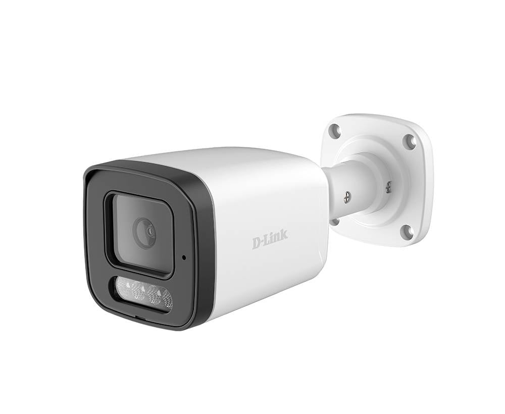Weiße D-Link Außensicherheitskamera auf einer Wandhalterung montiert, gezeigt in einer abgewinkelten Produktansicht.