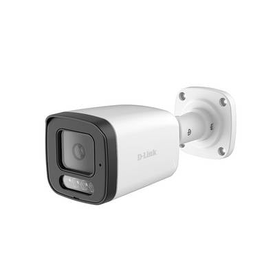 Weiße D-Link Außensicherheitskamera auf einer Wandhalterung montiert, gezeigt in einer abgewinkelten Produktansicht.