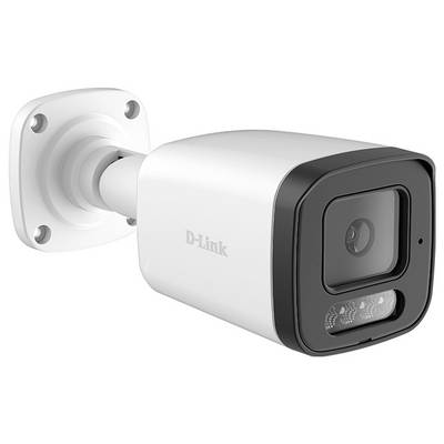 Weiße D-Link-Sicherheitskamera auf einer Wandhalterung montiert, mit schwarzer Frontlinse und Infrarotsensoren.