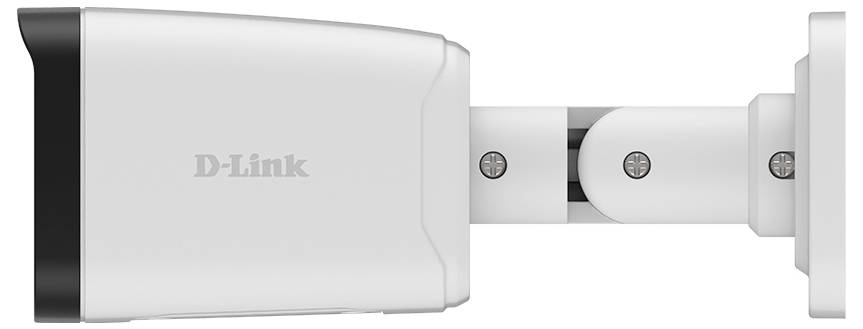 Seitenansicht einer weißen D-Link-Sicherheitskamera, die auf einer Metallhalterung montiert ist, mit dem sichtbaren D-Link-Logo auf dem Gehäuse.