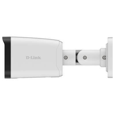 Seitenansicht einer weißen D-Link-Sicherheitskamera, die auf einer Metallhalterung montiert ist, mit dem sichtbaren D-Link-Logo auf dem Gehäuse.