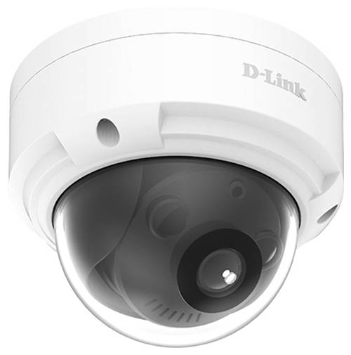 Weiße D-Link-Kuppel-Sicherheitskamera mit getönter Schutzabdeckung und sichtbarem Objektiv, vor einem schlichten weißen Hintergrund dargestellt.