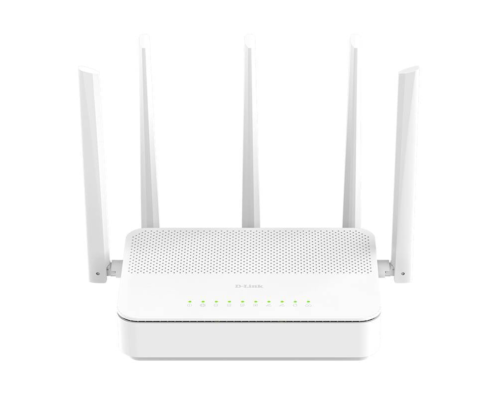 Weißer Wi-Fi-Router mit sechs externen Antennen und grünen Statusleuchten an der Vorderseite.