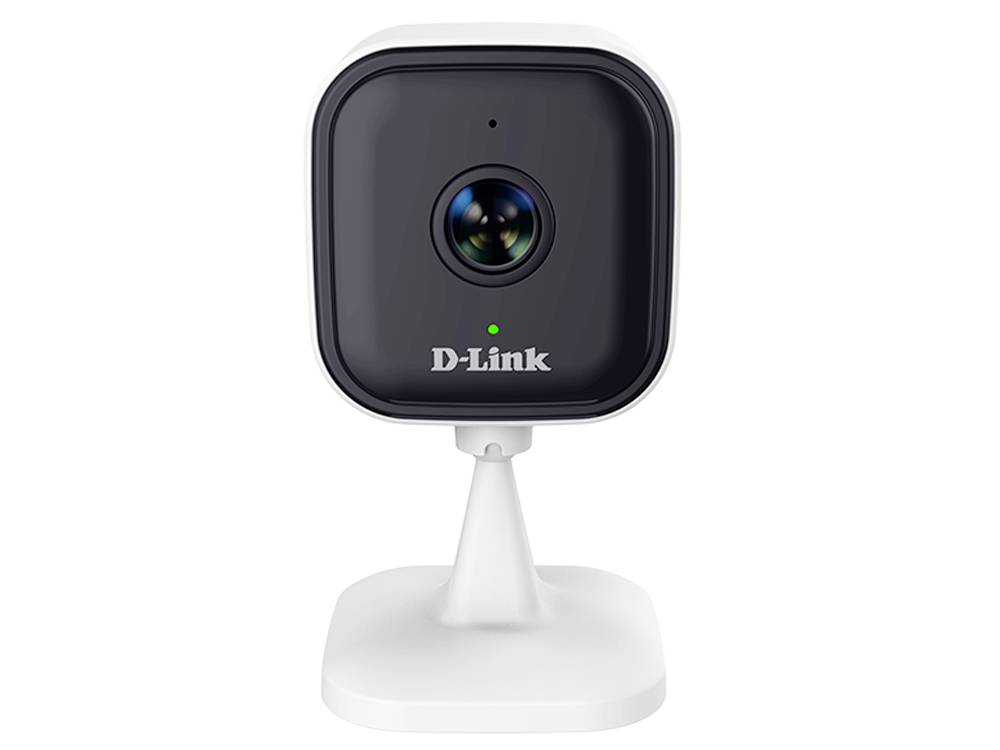 D-Link Sicherheitskamera auf weißem Ständer, Vorderansicht vor einfachem Hintergrund.