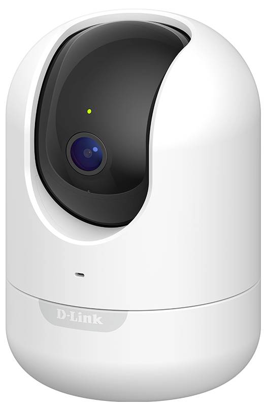 Weiße D-Link Innensicherheitskamera mit schwarzem Linsenglas und Statusleuchte.